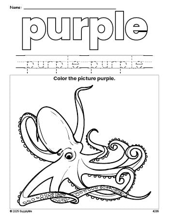 Free octopus color purple coloring page and color worksheet, purple worksheet for preschoolers to learn colors, printable PDF