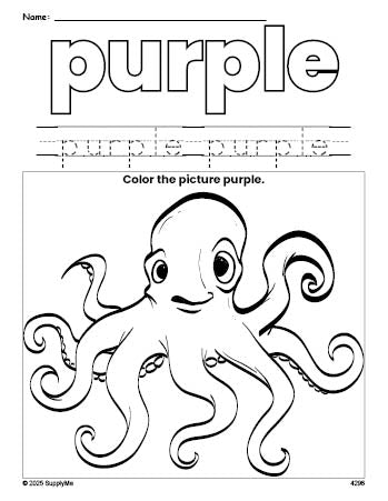 Free octopus color purple coloring page and color worksheet, purple worksheet for preschoolers to learn colors, printable PDF