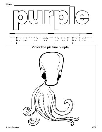 Free octopus color purple coloring page and color worksheet, purple worksheet for preschoolers to learn colors, printable PDF