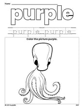 Free octopus color purple coloring page and color worksheet, purple worksheet for preschoolers to learn colors, printable PDF