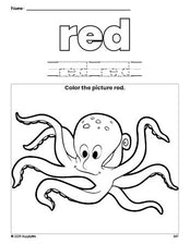 Free octopus color red coloring page and color worksheet, red worksheet for preschoolers to learn colors, printable PDF