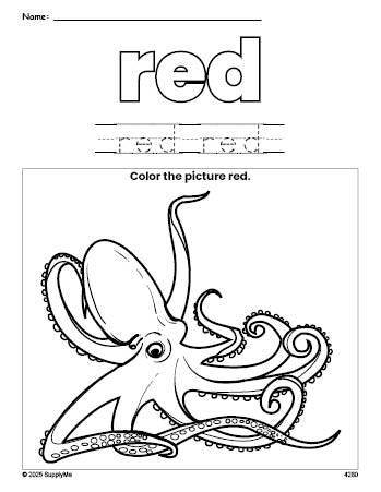 Free octopus color red coloring page and color worksheet, red worksheet for preschoolers to learn colors, printable PDF