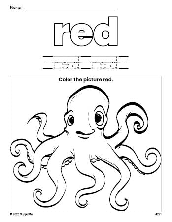 Free octopus color red coloring page and color worksheet, red worksheet for preschoolers to learn colors, printable PDF