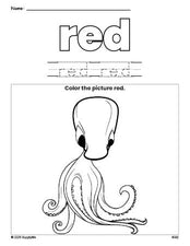 Free octopus color red coloring page and color worksheet, red worksheet for preschoolers to learn colors, printable PDF