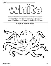 Free octopus color white coloring page and color worksheet, white worksheet for preschoolers to learn colors, printable PDF