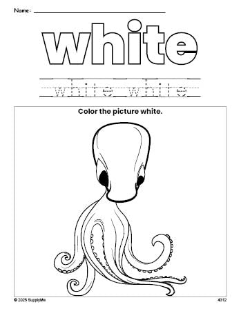 Free octopus color white coloring page and color worksheet, white worksheet for preschoolers to learn colors, printable PDF