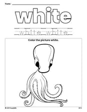 Free octopus color white coloring page and color worksheet, white worksheet for preschoolers to learn colors, printable PDF