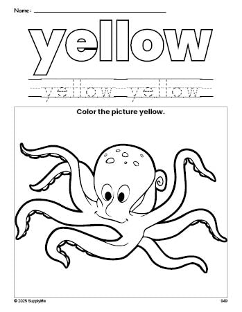 Free octopus color yellow coloring page and color worksheet, yellow worksheet for preschoolers to learn colors, printable PDF