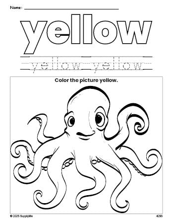 Free octopus color yellow coloring page and color worksheet, yellow worksheet for preschoolers to learn colors, printable PDF