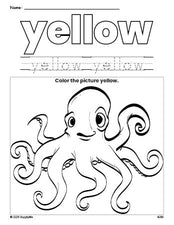 Free octopus color yellow coloring page and color worksheet, yellow worksheet for preschoolers to learn colors, printable PDF