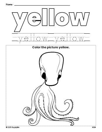 Free octopus color yellow coloring page and color worksheet, yellow worksheet for preschoolers to learn colors, printable PDF