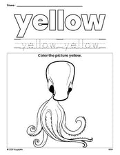 Free octopus color yellow coloring page and color worksheet, yellow worksheet for preschoolers to learn colors, printable PDF