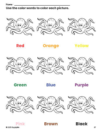 Free octopus coloring page and color worksheet for preschoolers to learn colors, printable PDF