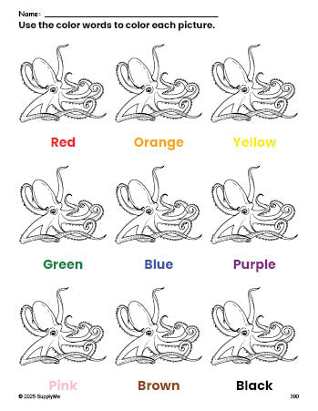 Free octopus coloring page and color worksheet for preschoolers to learn colors, printable PDF