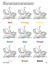 Free octopus coloring page and color worksheet for preschoolers to learn colors, printable PDF