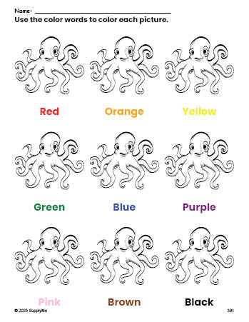 Free octopus coloring page and color worksheet for preschoolers to learn colors, printable PDF