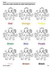 Free octopus coloring page and color worksheet for preschoolers to learn colors, printable PDF