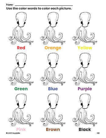 Free octopus coloring page and color worksheet for preschoolers to learn colors, printable PDF