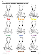 Free octopus coloring page and color worksheet for preschoolers to learn colors, printable PDF