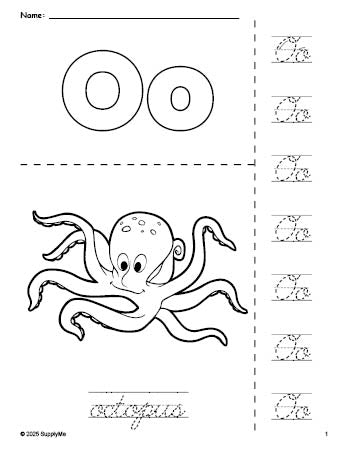 Free printable octopus coloring page and cursive letter tracing worksheet, letter o worksheet for preschool, pre-k, and kindergarten, PDF