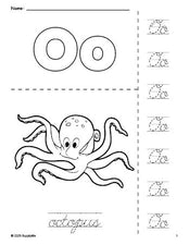 Free printable octopus coloring page and cursive letter tracing worksheet, letter o worksheet for preschool, pre-k, and kindergarten, PDF