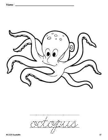 Free printable octopus coloring page and cursive word tracing worksheet, perfect for preschool, pre-k, and kindergarten, PDF