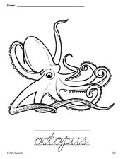 Free printable octopus coloring page and cursive word tracing worksheet, perfect for preschool, pre-k, and kindergarten, PDF