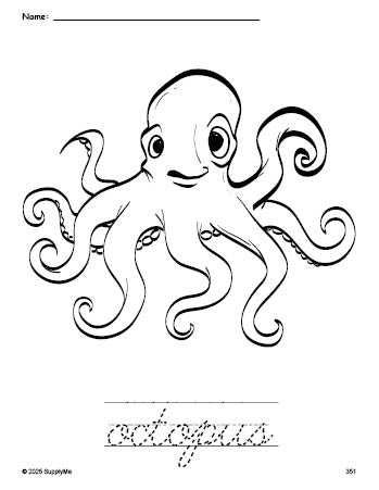 Free printable octopus coloring page and cursive word tracing worksheet, perfect for preschool, pre-k, and kindergarten, PDF