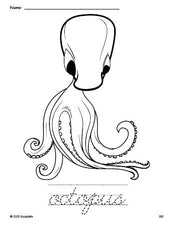 Free printable octopus coloring page and cursive word tracing worksheet, perfect for preschool, pre-k, and kindergarten, PDF