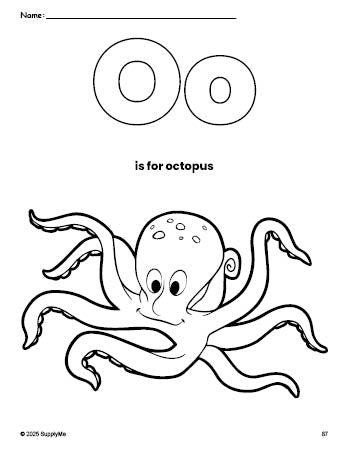 Free printable octopus coloring page, letter o coloring page for preschool, pre-k, and kindergarten, PDF