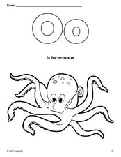 Free printable octopus coloring page, letter o coloring page for preschool, pre-k, and kindergarten, PDF