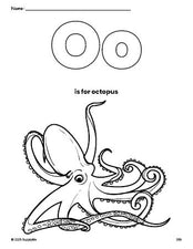 Free printable octopus coloring page, letter o coloring page for preschool, pre-k, and kindergarten, PDF