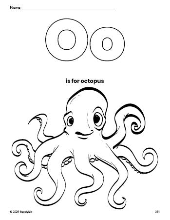 Free printable octopus coloring page, letter o coloring page for preschool, pre-k, and kindergarten, PDF