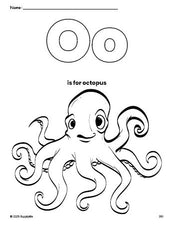 Free printable octopus coloring page, letter o coloring page for preschool, pre-k, and kindergarten, PDF