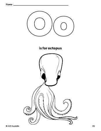 Free printable octopus coloring page, letter o coloring page for preschool, pre-k, and kindergarten, PDF