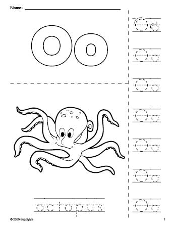 Free printable octopus coloring page and letter tracing worksheet, letter o worksheet for preschool, pre-k, and kindergarten, PDF