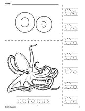 Free printable octopus coloring page and letter tracing worksheet, letter o worksheet for preschool, pre-k, and kindergarten, PDF