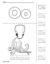 Free printable octopus coloring page and letter tracing worksheet, letter o worksheet for preschool, pre-k, and kindergarten, PDF