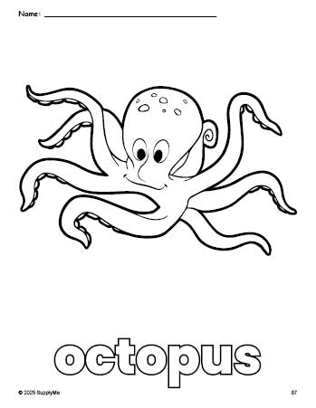 Free printable octopus coloring page for preschool, pre-k, and kindergarten, PDF