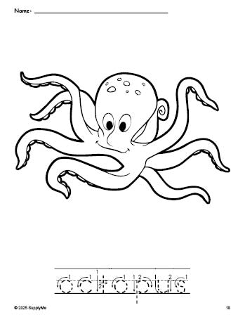 Free printable octopus coloring page and word tracing worksheet, letter formation guides, perfect for preschool, pre-k, and kindergarten, PDF