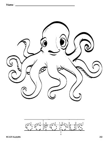 Free printable octopus coloring page and word tracing worksheet, letter formation guides, perfect for preschool, pre-k, and kindergarten, PDF