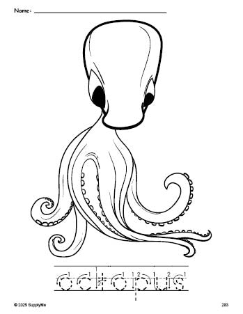 Free printable octopus coloring page and word tracing worksheet, letter formation guides, perfect for preschool, pre-k, and kindergarten, PDF