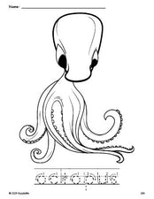 Free printable octopus coloring page and word tracing worksheet, letter formation guides, perfect for preschool, pre-k, and kindergarten, PDF