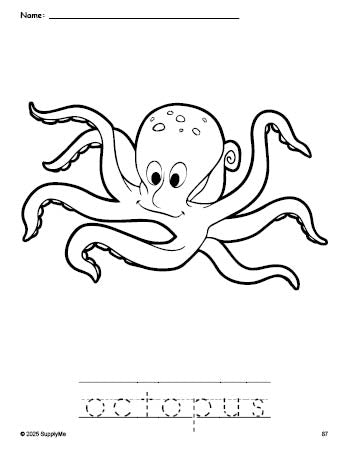 Free printable octopus coloring page and word tracing worksheet, perfect for preschool, pre-k, and kindergarten, PDF