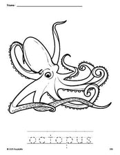 Free printable octopus coloring page and word tracing worksheet, perfect for preschool, pre-k, and kindergarten, PDF