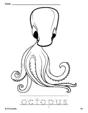 Free printable octopus coloring page and word tracing worksheet, perfect for preschool, pre-k, and kindergarten, PDF