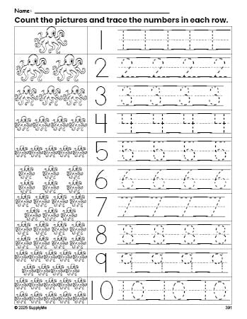 Free printable octopus counting worksheet for preschool and pre-k with number tracing practice 1-10, PDF