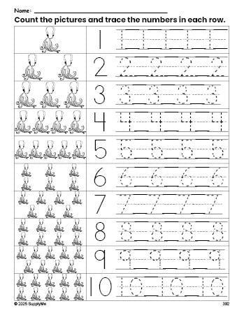 Free printable octopus counting worksheet for preschool and pre-k with number tracing practice 1-10, PDF