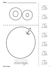 Free printable orange coloring page and cursive letter tracing worksheet, letter o worksheet for preschool, pre-k, and kindergarten, PDF