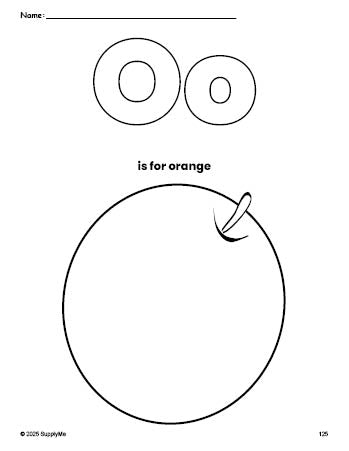 Free printable orange coloring page, letter o coloring page for preschool, pre-k, and kindergarten, PDF